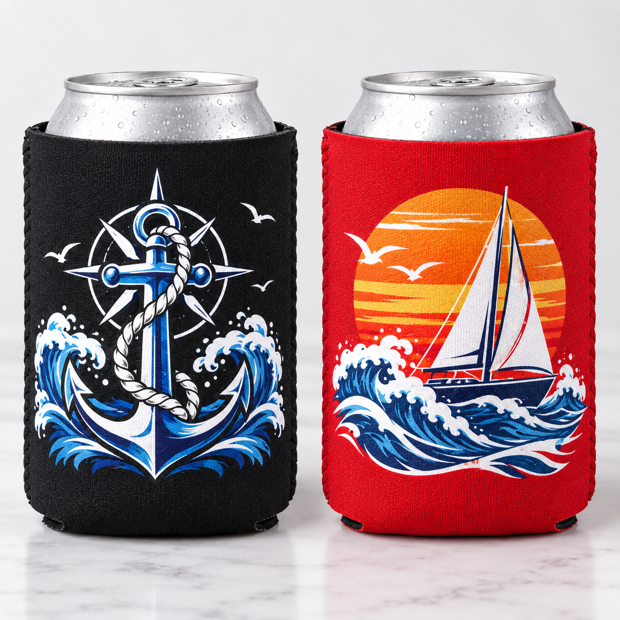 Premium full-color print example on black and red koozies
