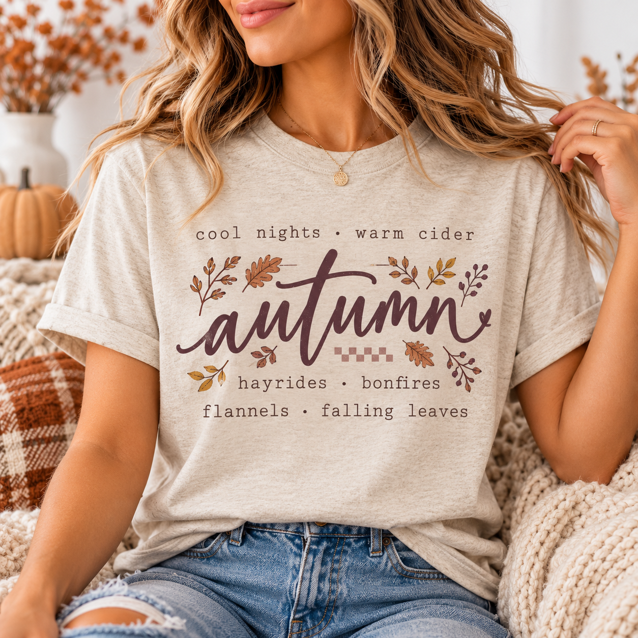 Natural Softstyle Autumn Things shirt with layered fall lettering