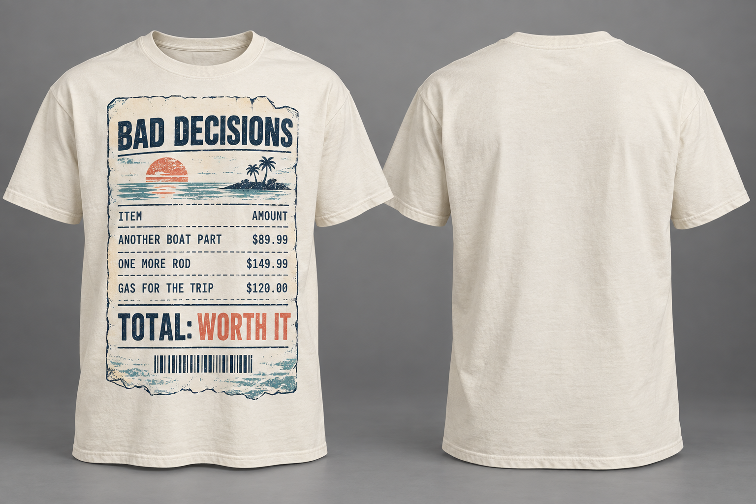 Ivory shirt with a funny boat expense receipt print