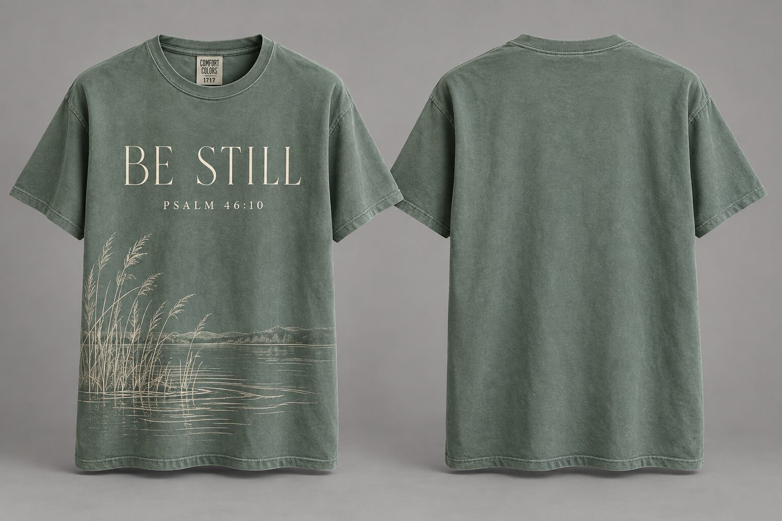 Bay green Be Still Psalm 46:10 tee with quiet water illustration