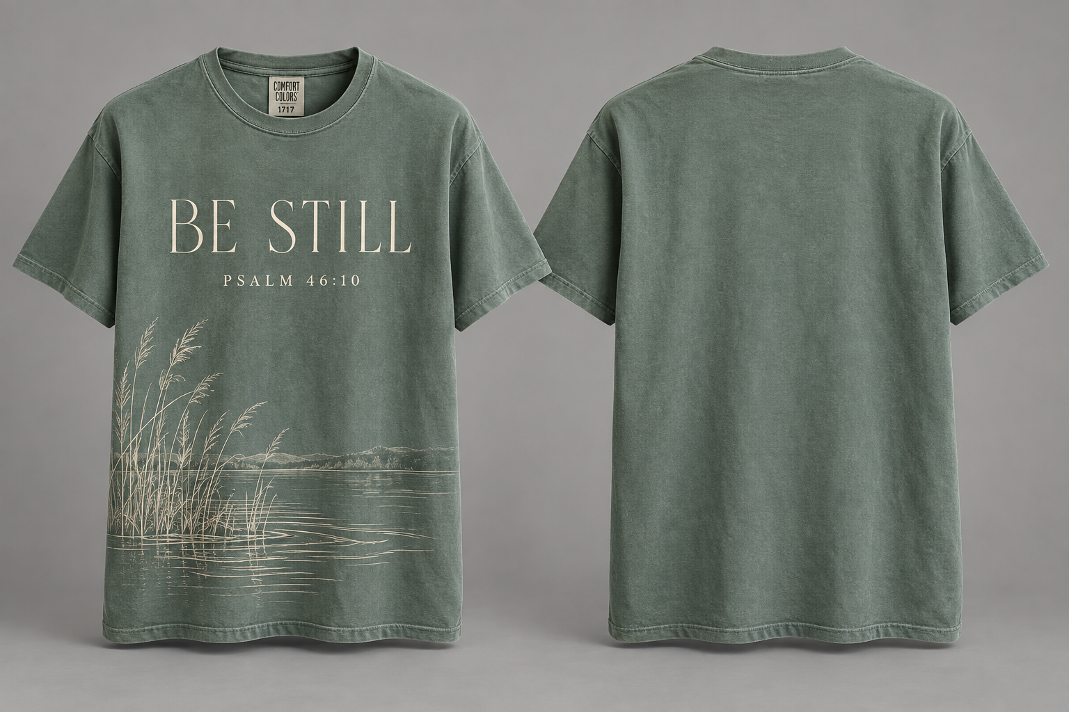 Bay green Be Still Psalm 46:10 tee with quiet water illustration