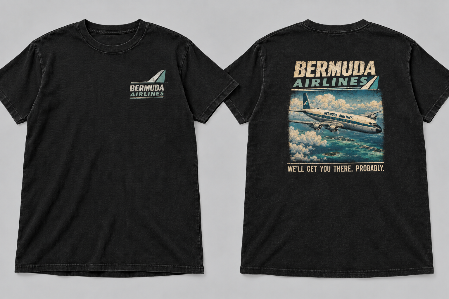 Front and back of the black Bermuda Airlines vintage T-shirt