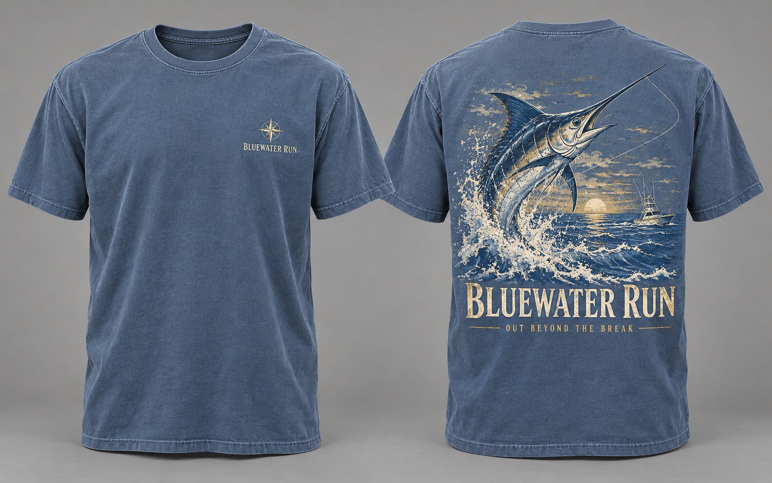 Blue Jean tee with small front compass and back marlin print
