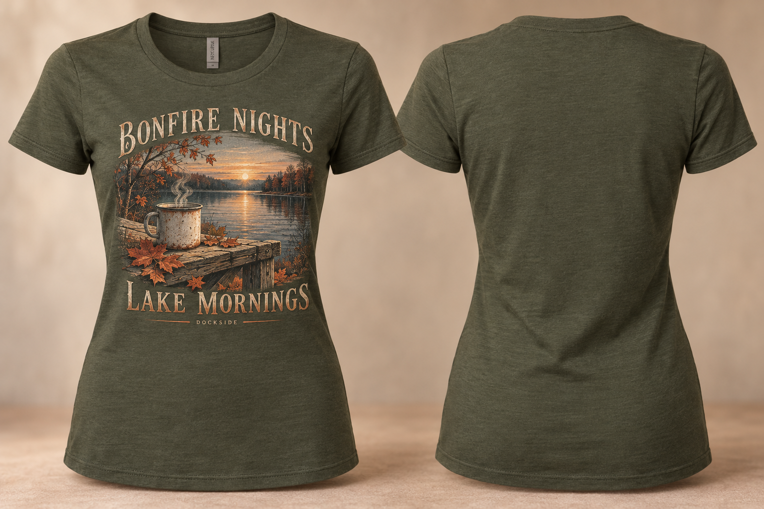 Front and back of the Military Green Bonfire Nights Lake Mornings women's tee