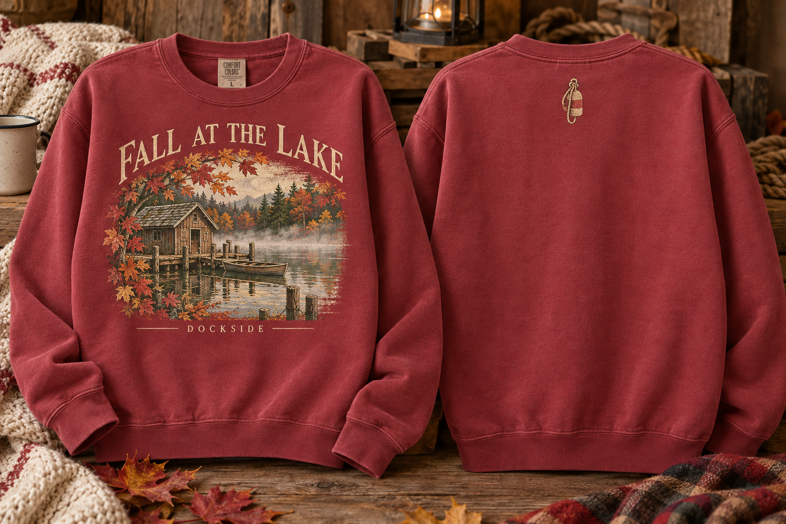 Front and back of the Crimson Fall at the Lake crewneck sweatshirt