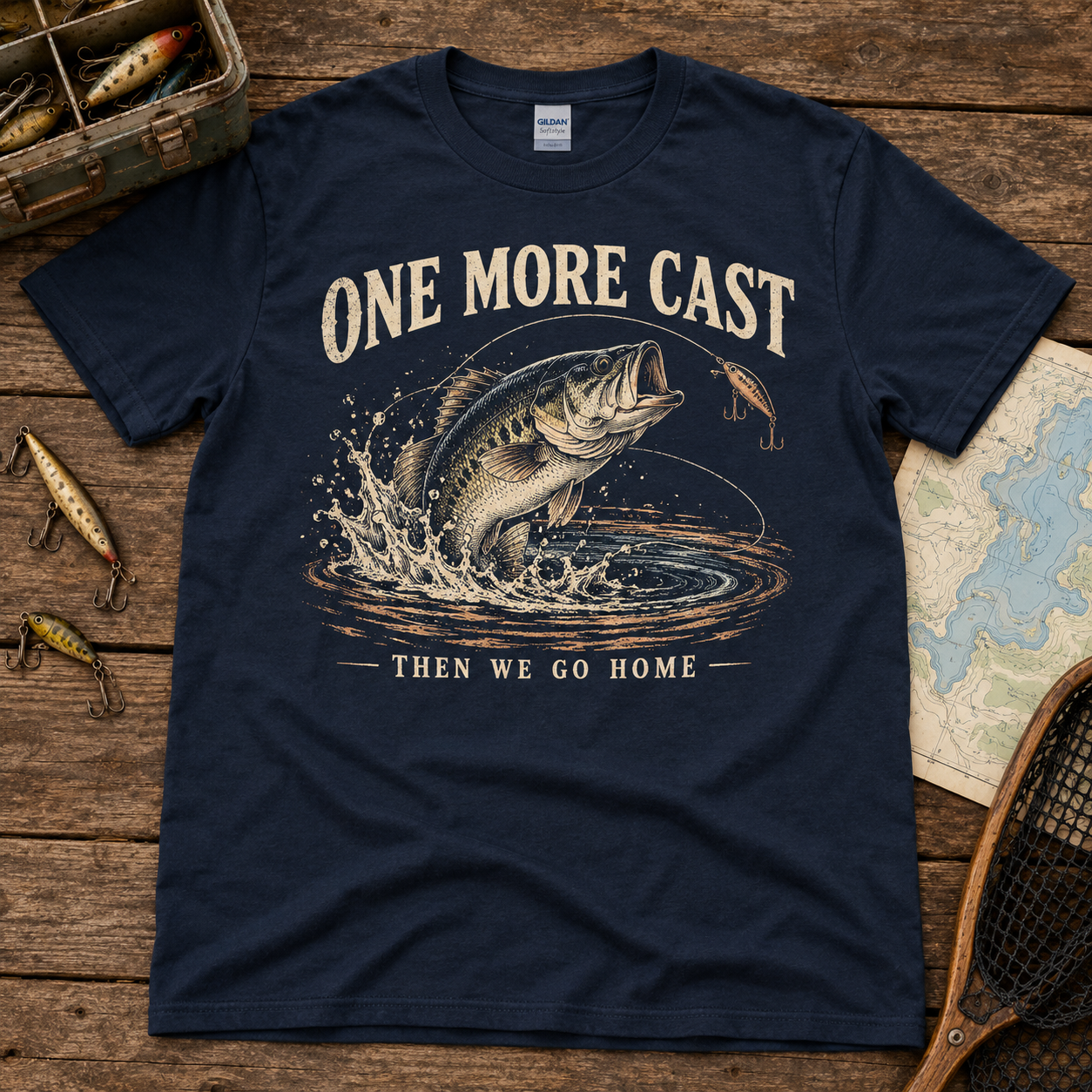 Navy One More Cast tee with engraved bass artwork