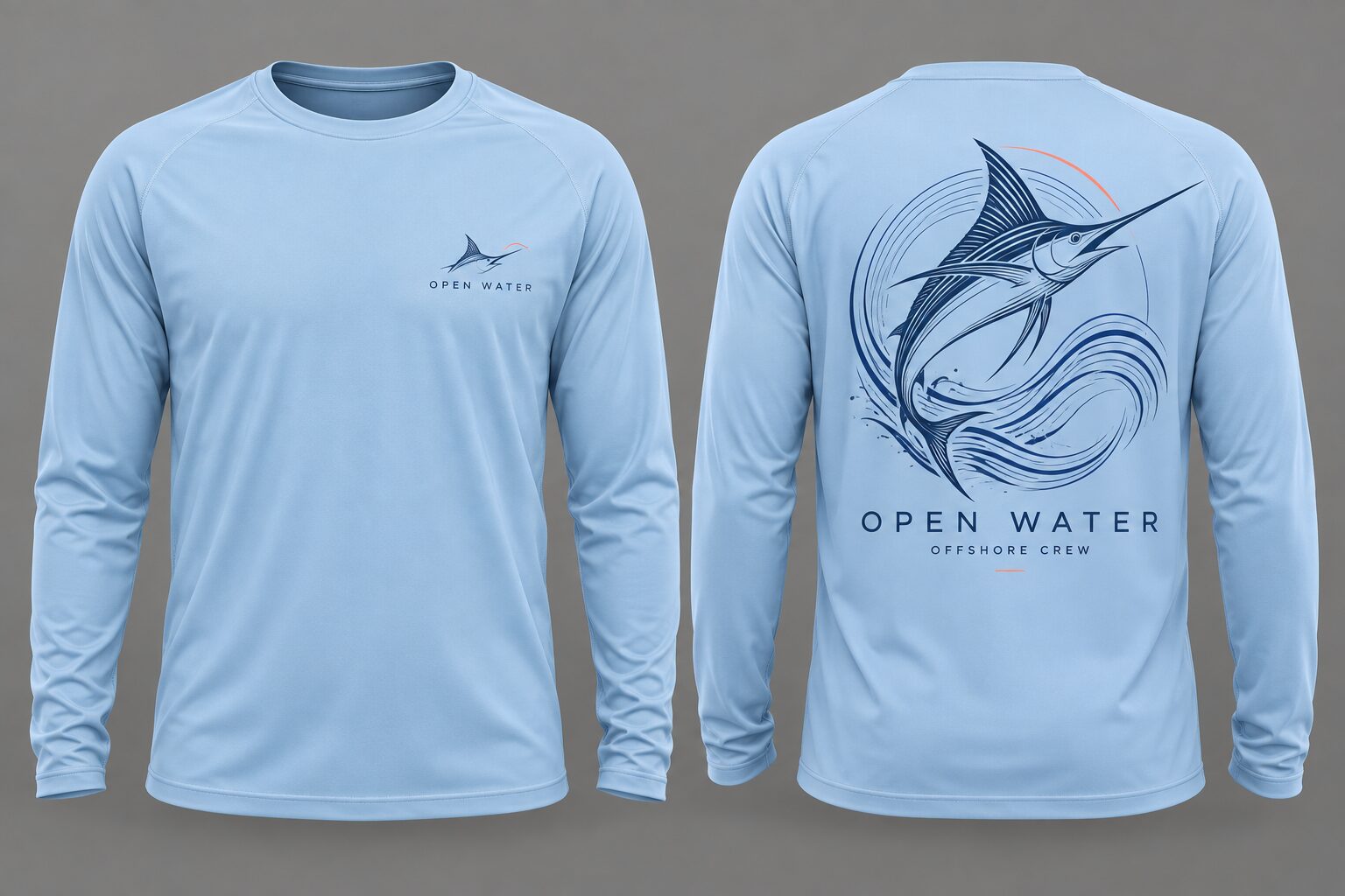 Light blue performance long sleeve with line-art marlin back print