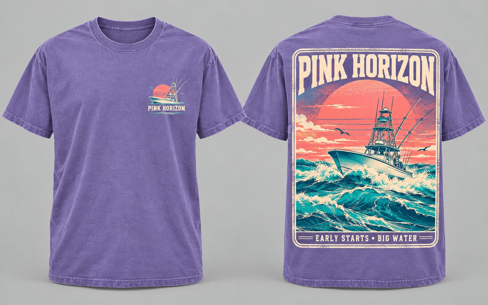 Violet tee with sportfishing boat at a vivid coral sunrise
