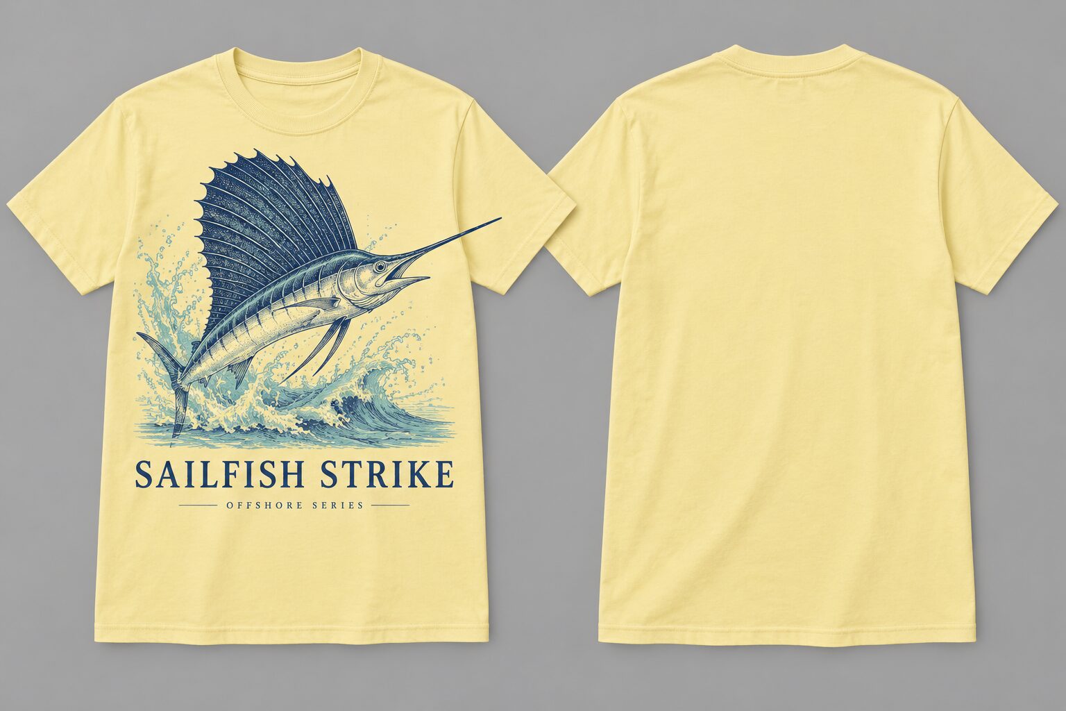 Pale yellow tee with detailed sailfish front print and blank back