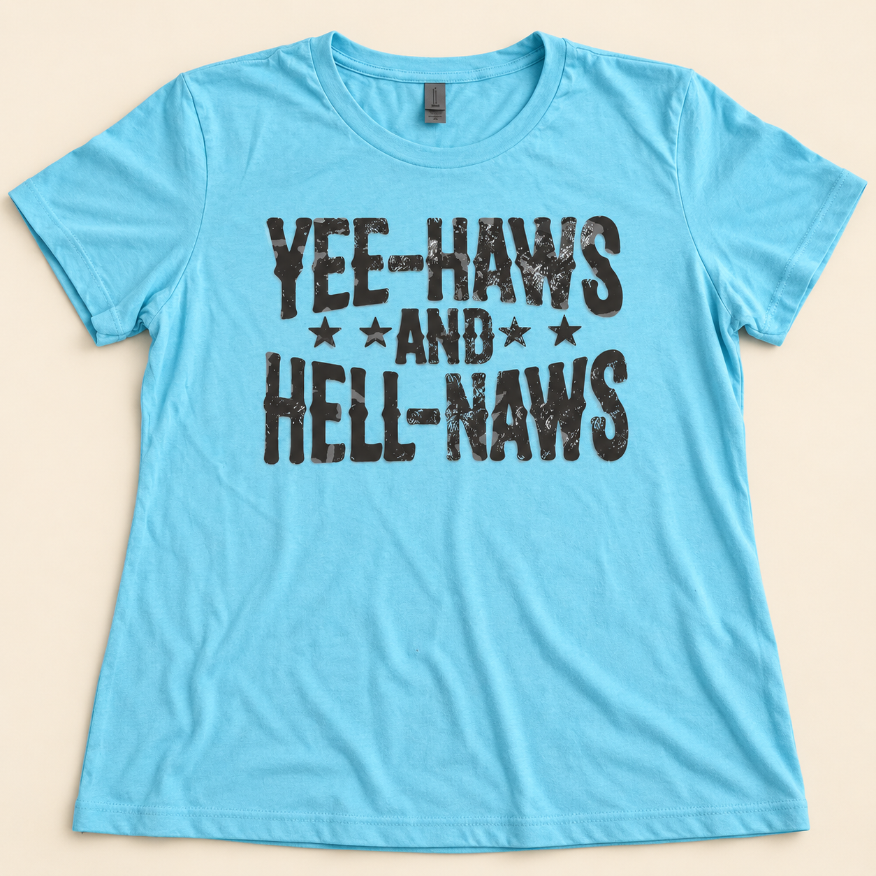 Aqua women's T-shirt with a distressed Yee-Haws and Hell-Naws front print